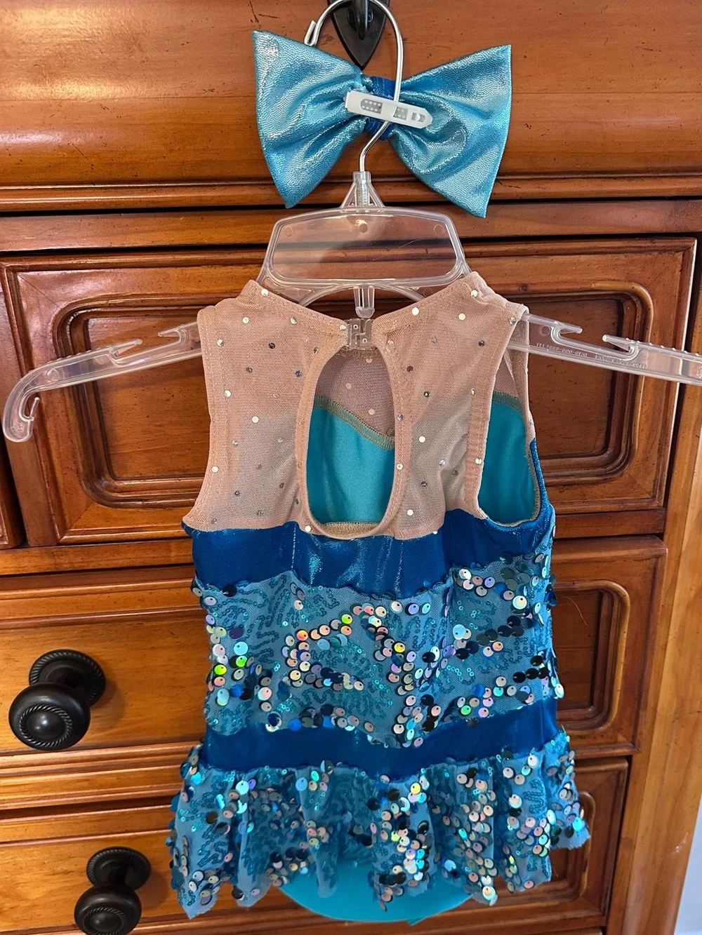 Teal Blue Sequin Dance Costume with Bow Accent